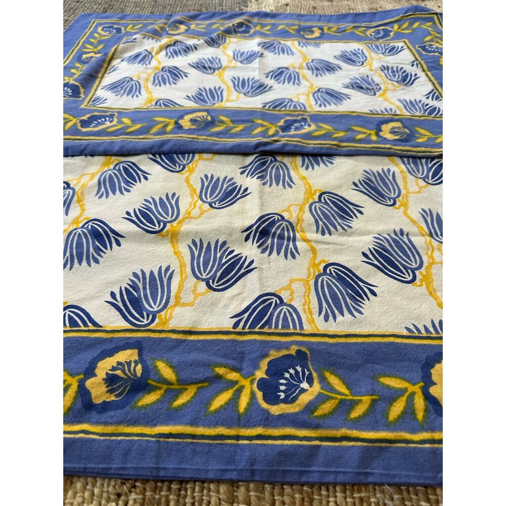 Standard pillow cases 2 blue yellow white Indian hand block-printed cotton set